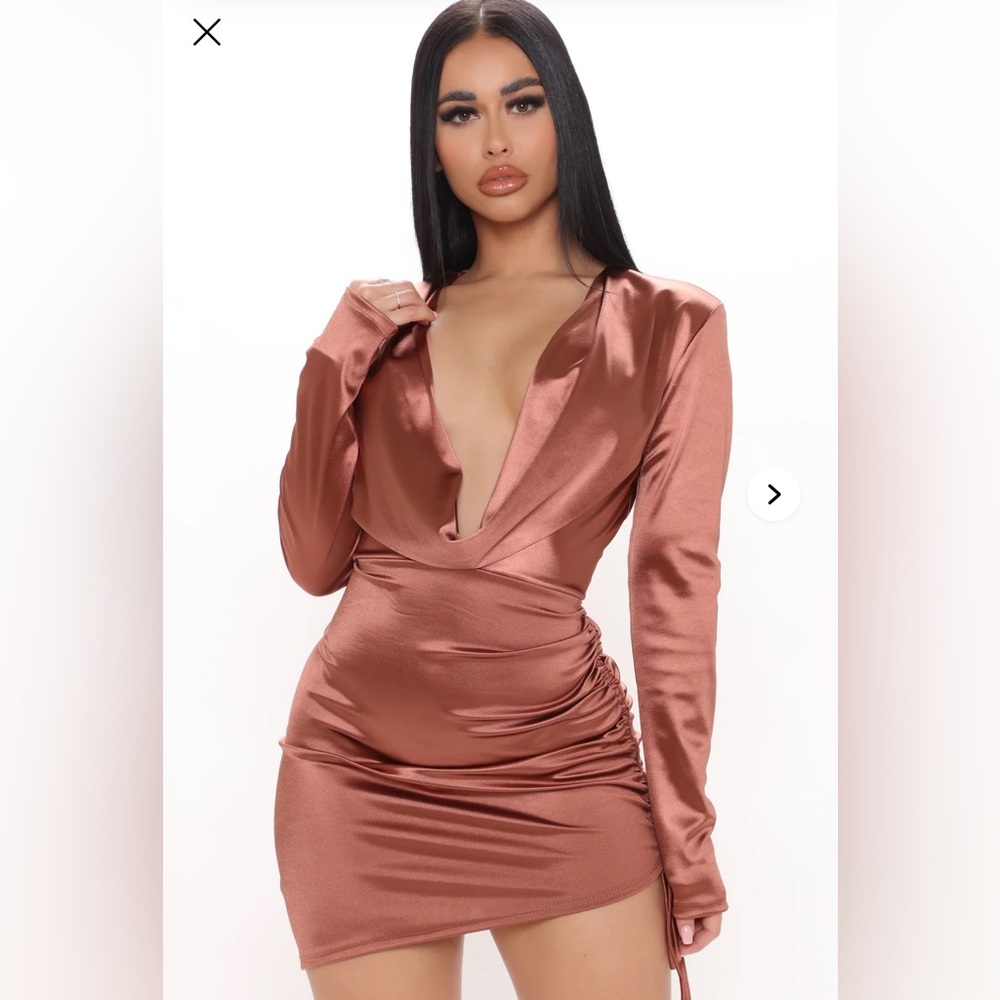 Fashion Nova Satin Long Sleeve Dress in Copper
